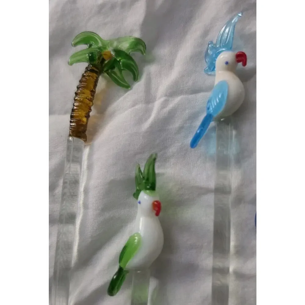 6 Vintage Art Glass Exotic Birds Parrot Palm Tree Dolphin Swizzle Sticks 8